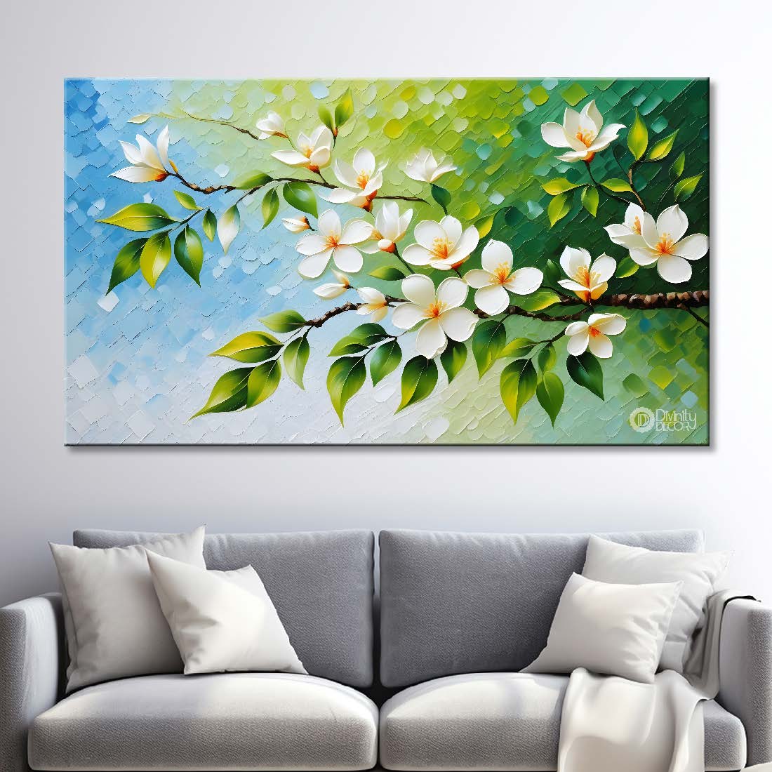 White flowers in blue background canvas painting- Flower-375