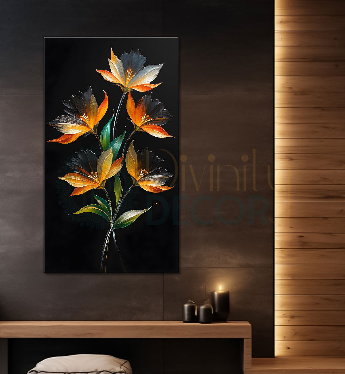 Orange flowers in dark textured background painting- Flower-V-375