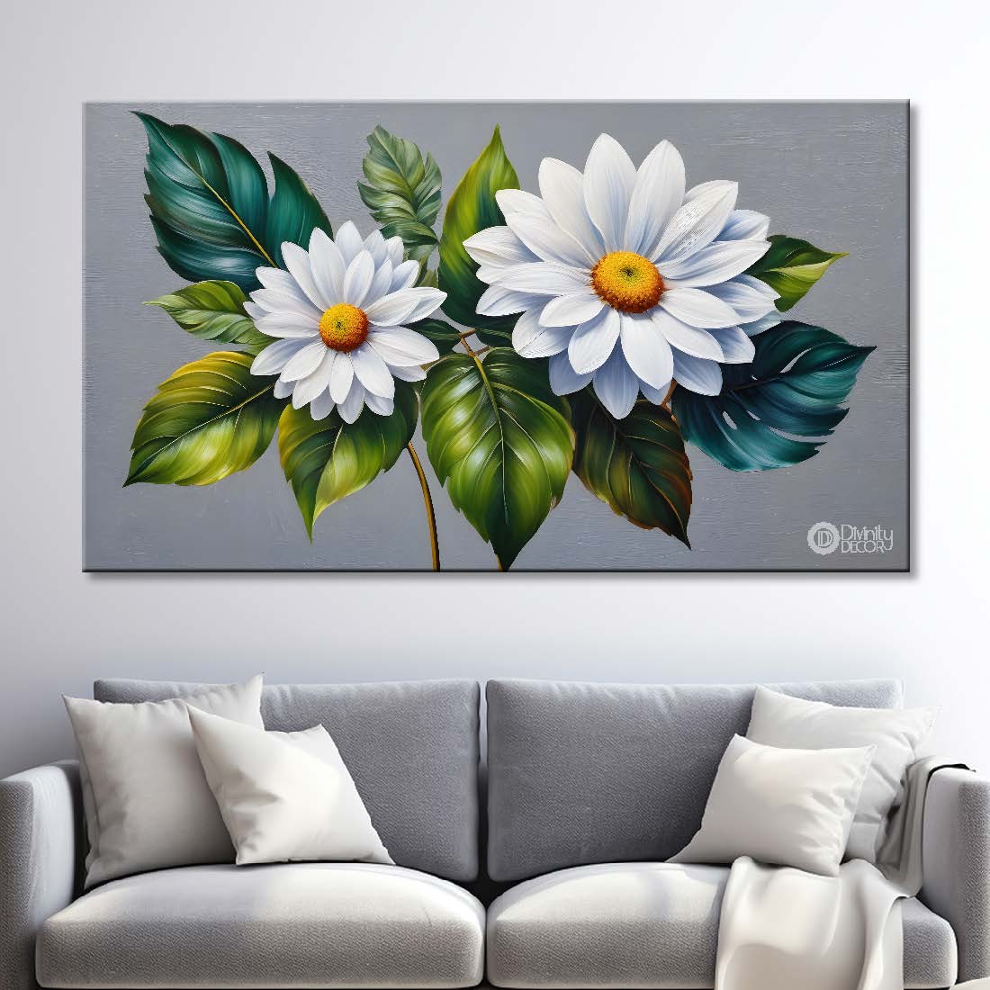 White flowers in grey background canvas painting- Flower-376