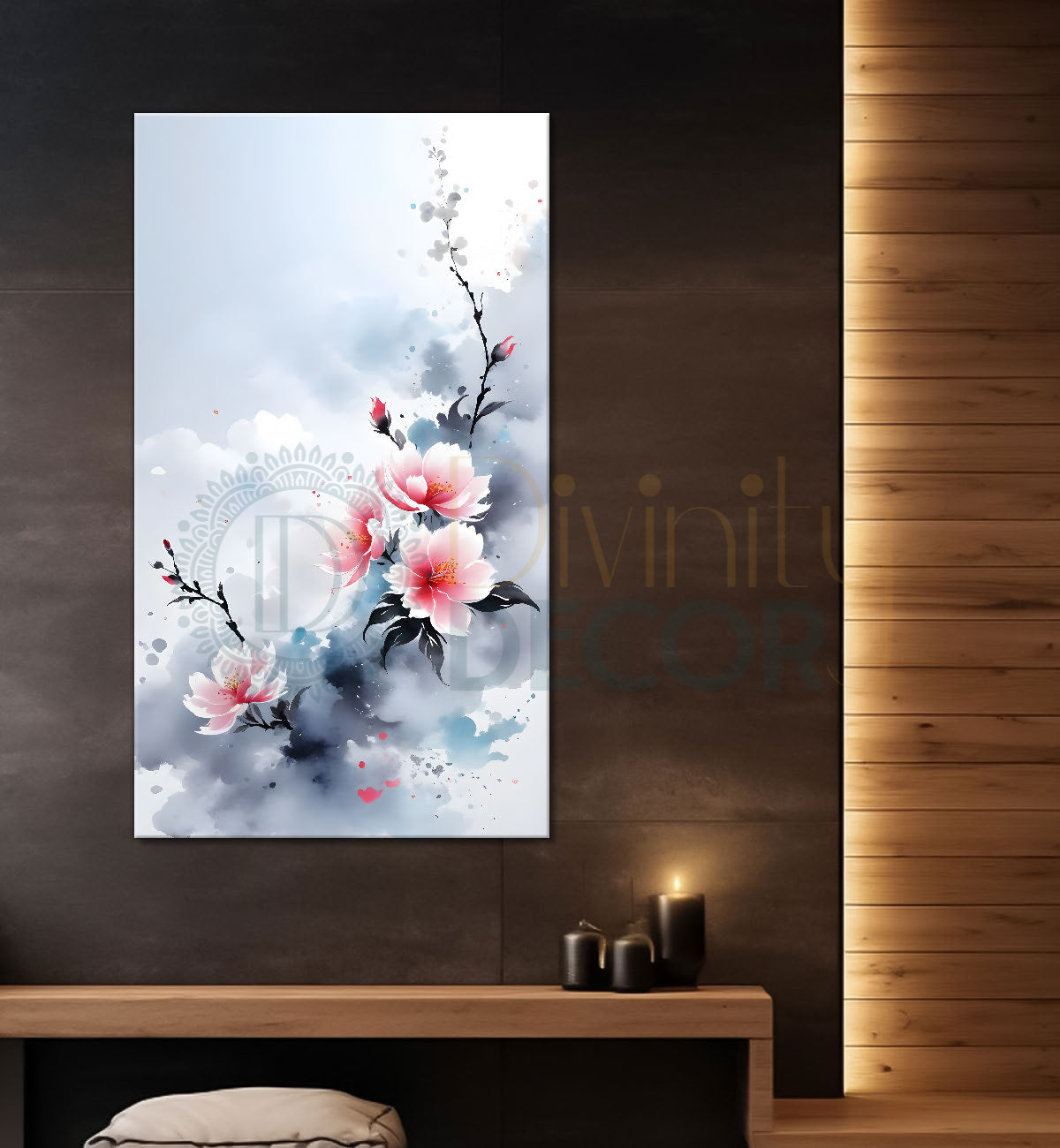 Pink flowers in sky blue textured background painting- Flower-V-376