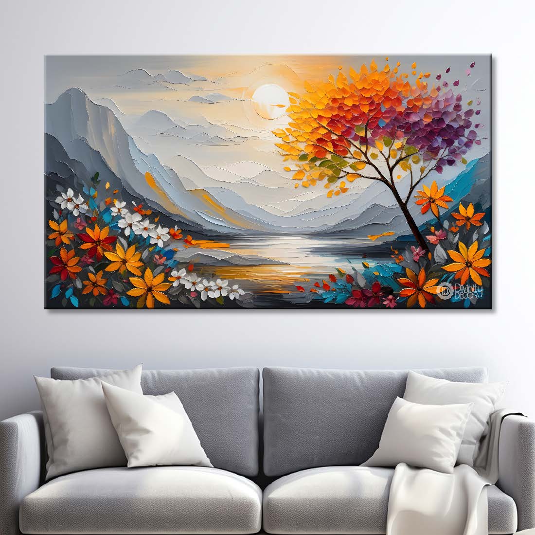 Orange tree with grey mountains and colorful flowers textured painting canvas painting- Flower-377
