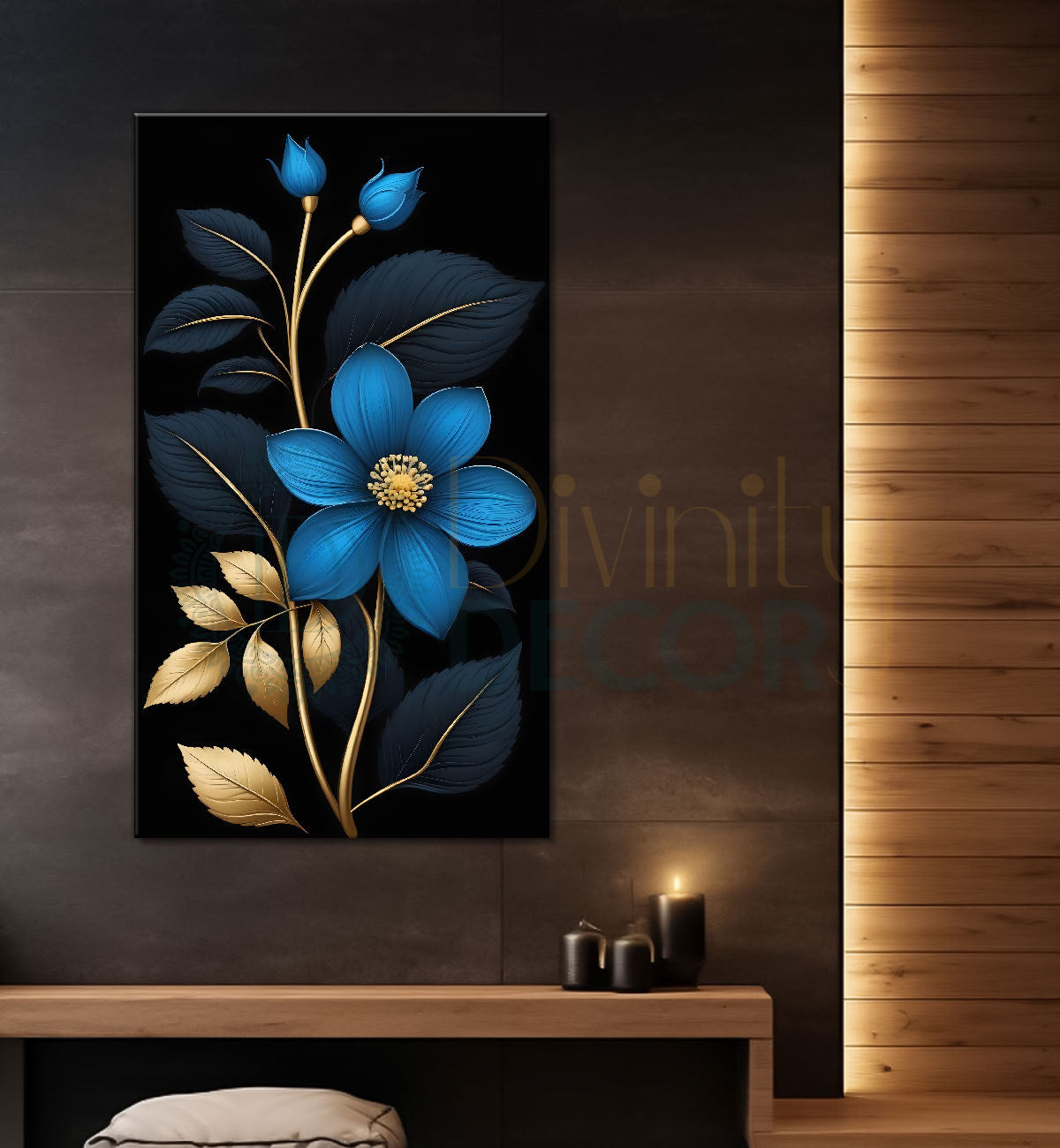 Blue flower in black textured painting- Flower-V-377