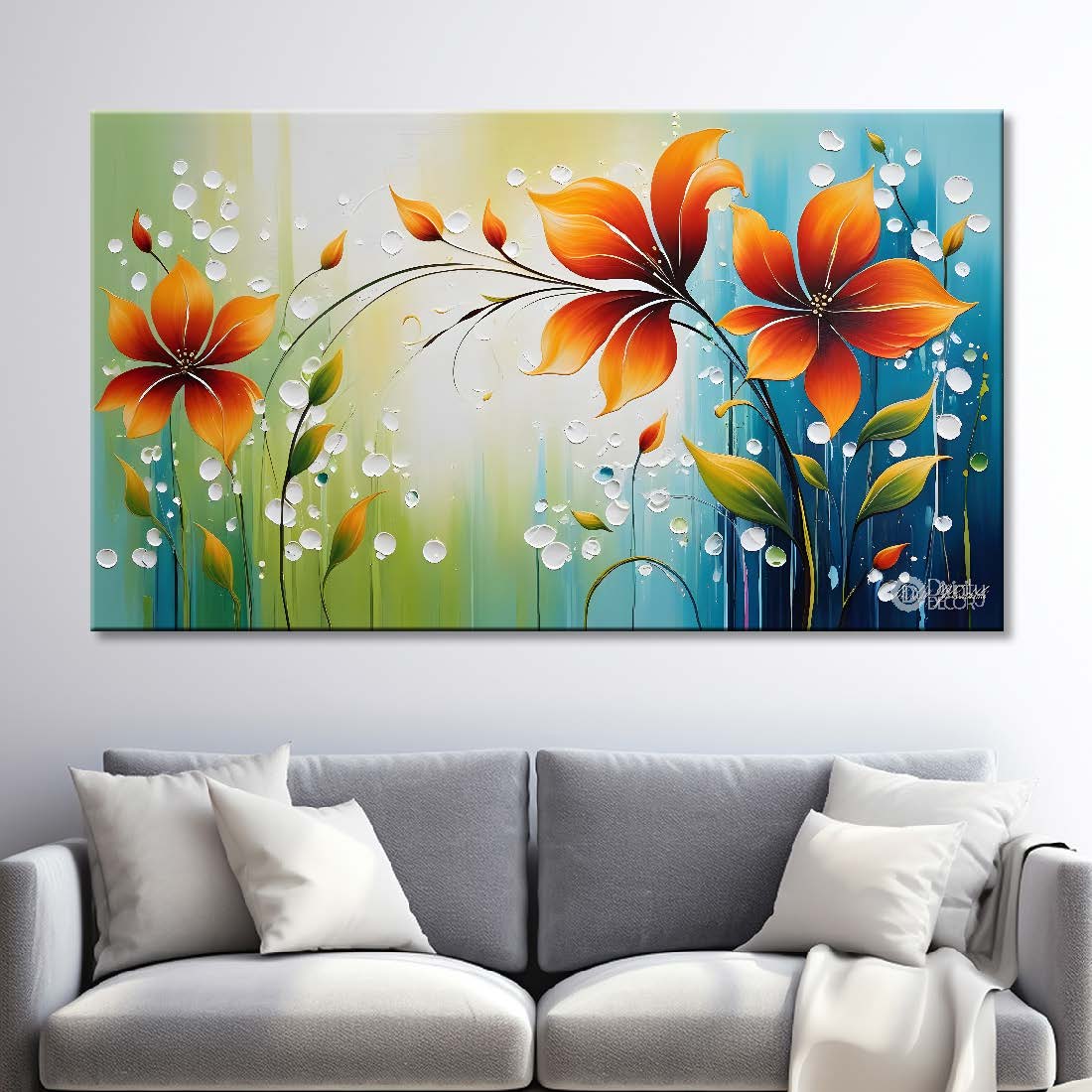 Orange flowers in blue background canvas painting- Flower-378