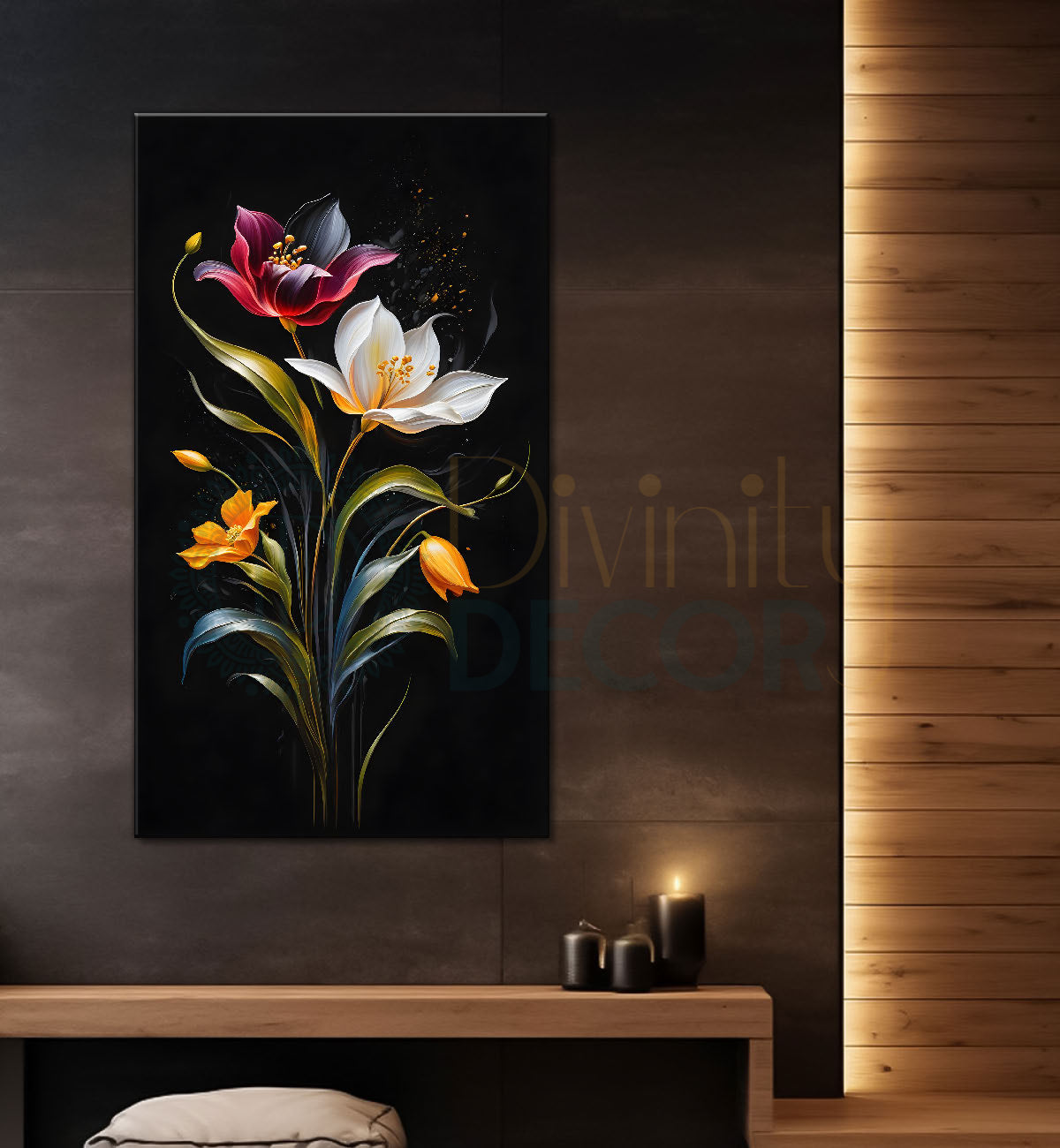 Colourful flowers in black textured background painting- Flower-V-378