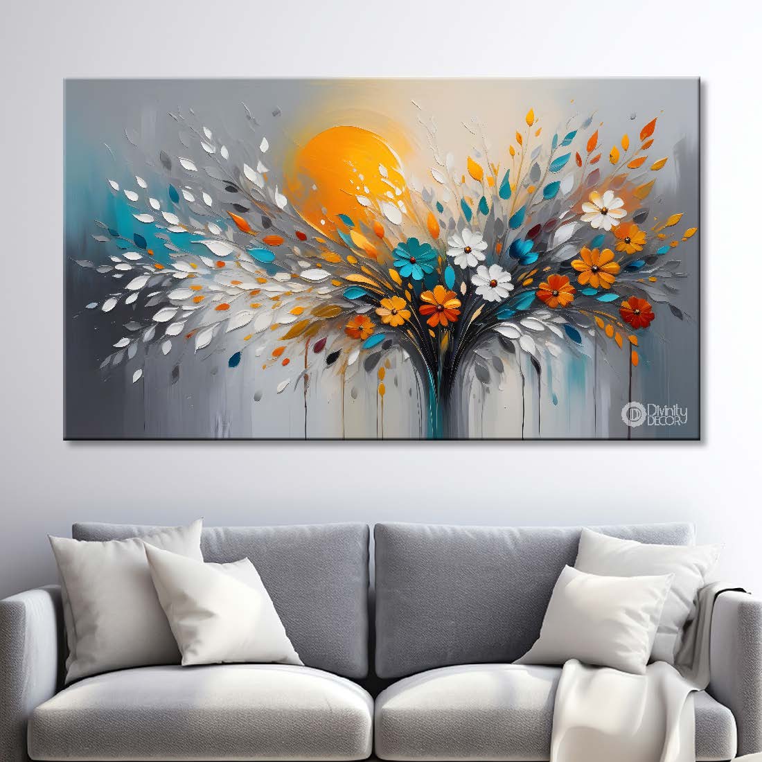 Colorful flowers tree with sun in grey background canvas painting- Flower-379
