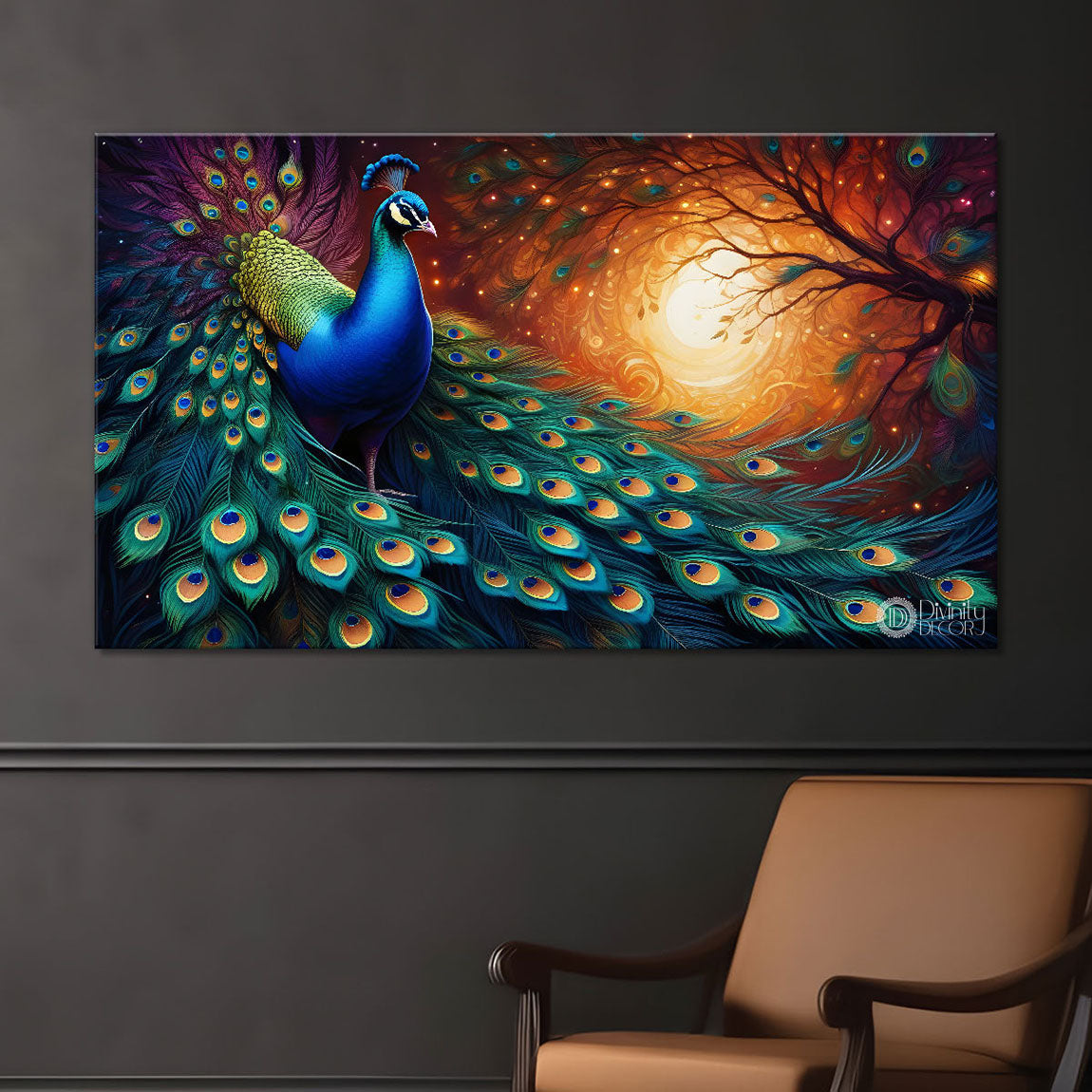 Peacock with sun in background oil painting Canvas Painting - Design - Peacock-38
