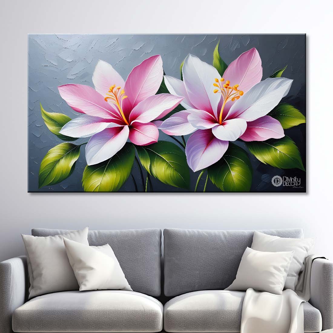 Pink flowers in grey background canvas painting- Flower-380