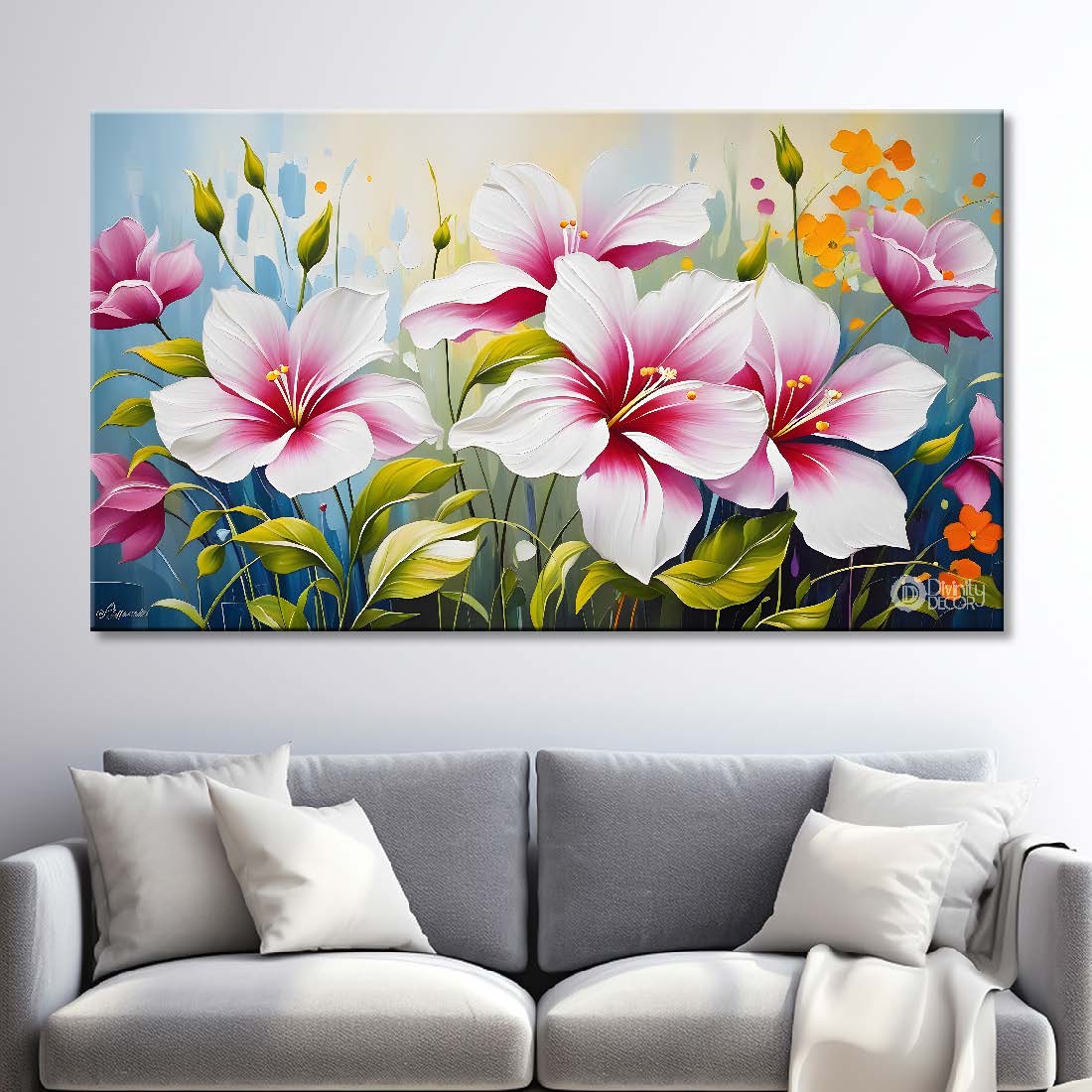 Pink flowers in light background canvas painting- Flower-381