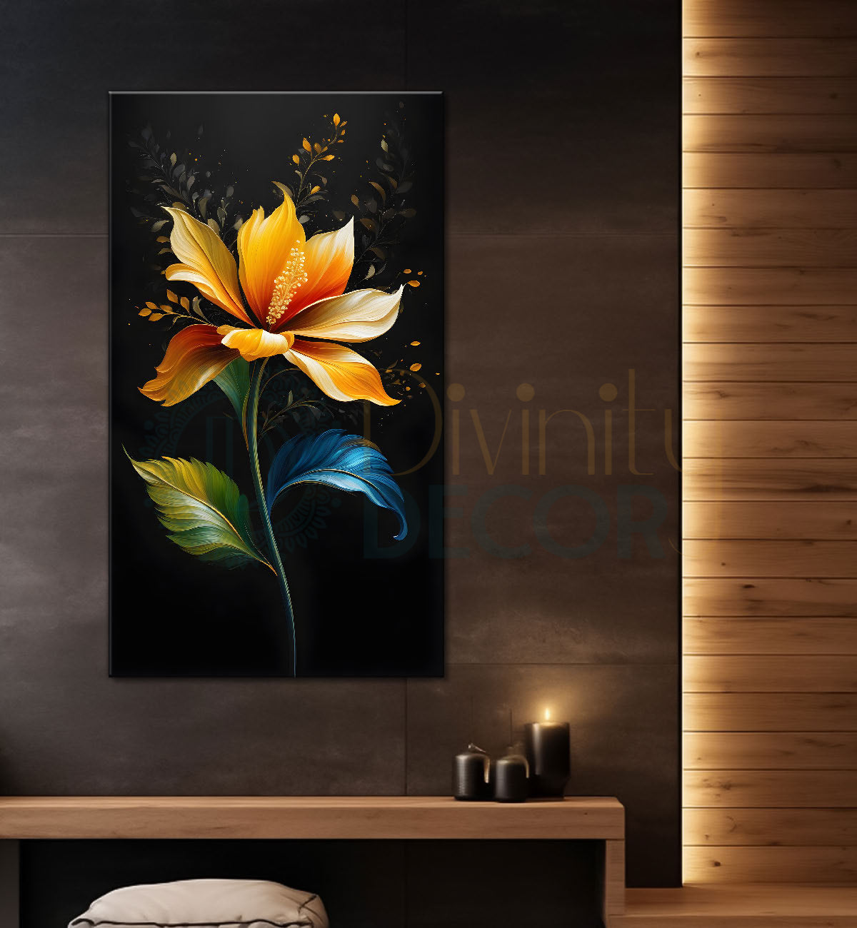 Yellow flower in dark textured painting- Flower-V-381