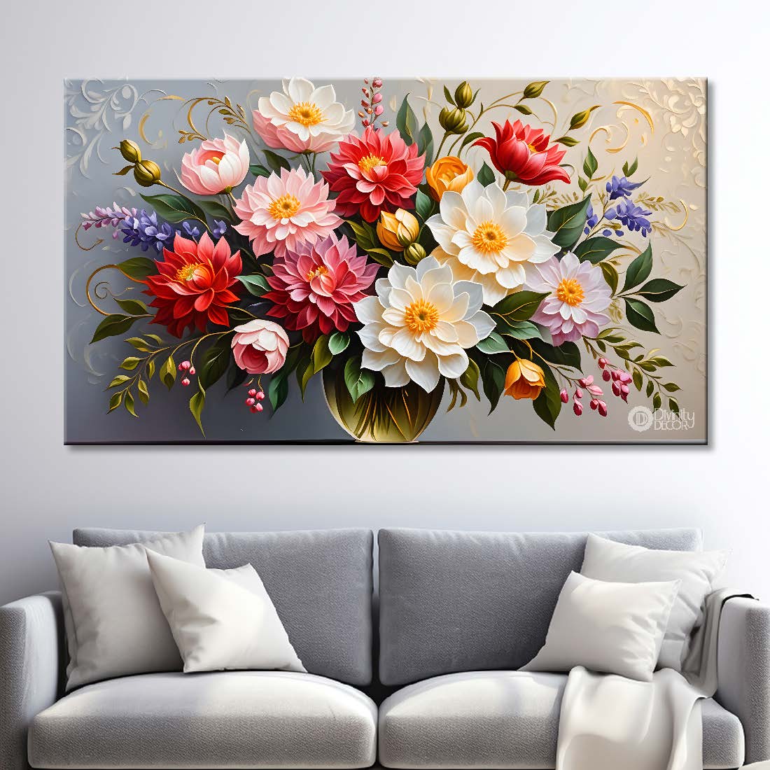Colorful flowers in light background canvas painting- Flower-382