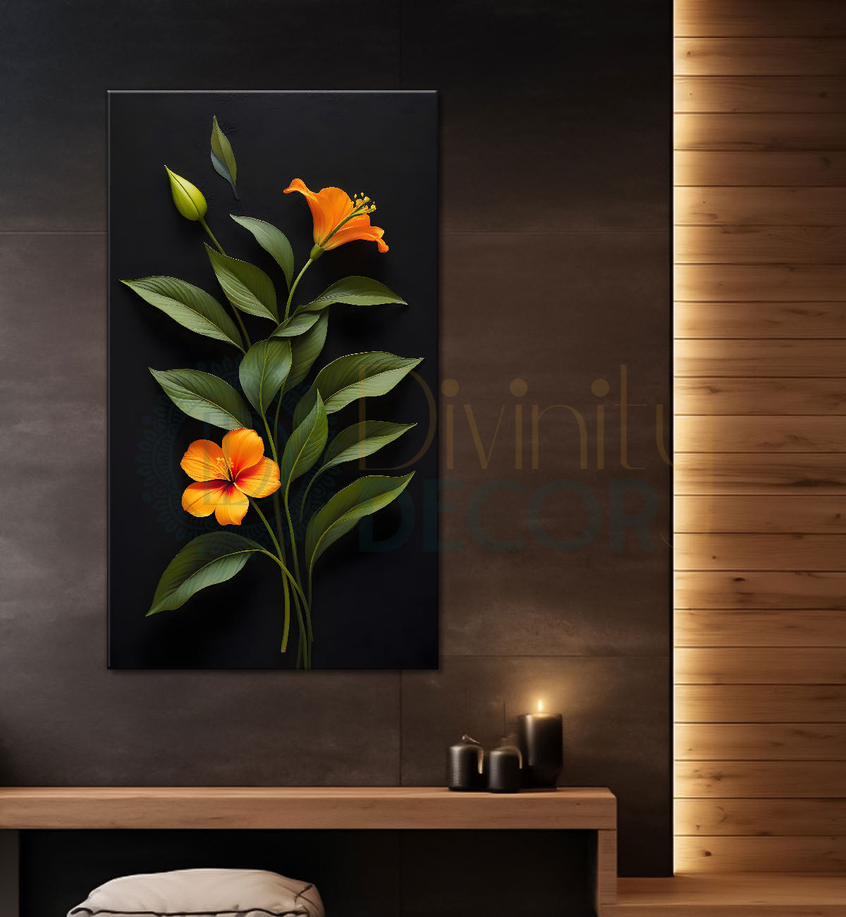 Orange flowers in dark textured painting- Flower-V-382