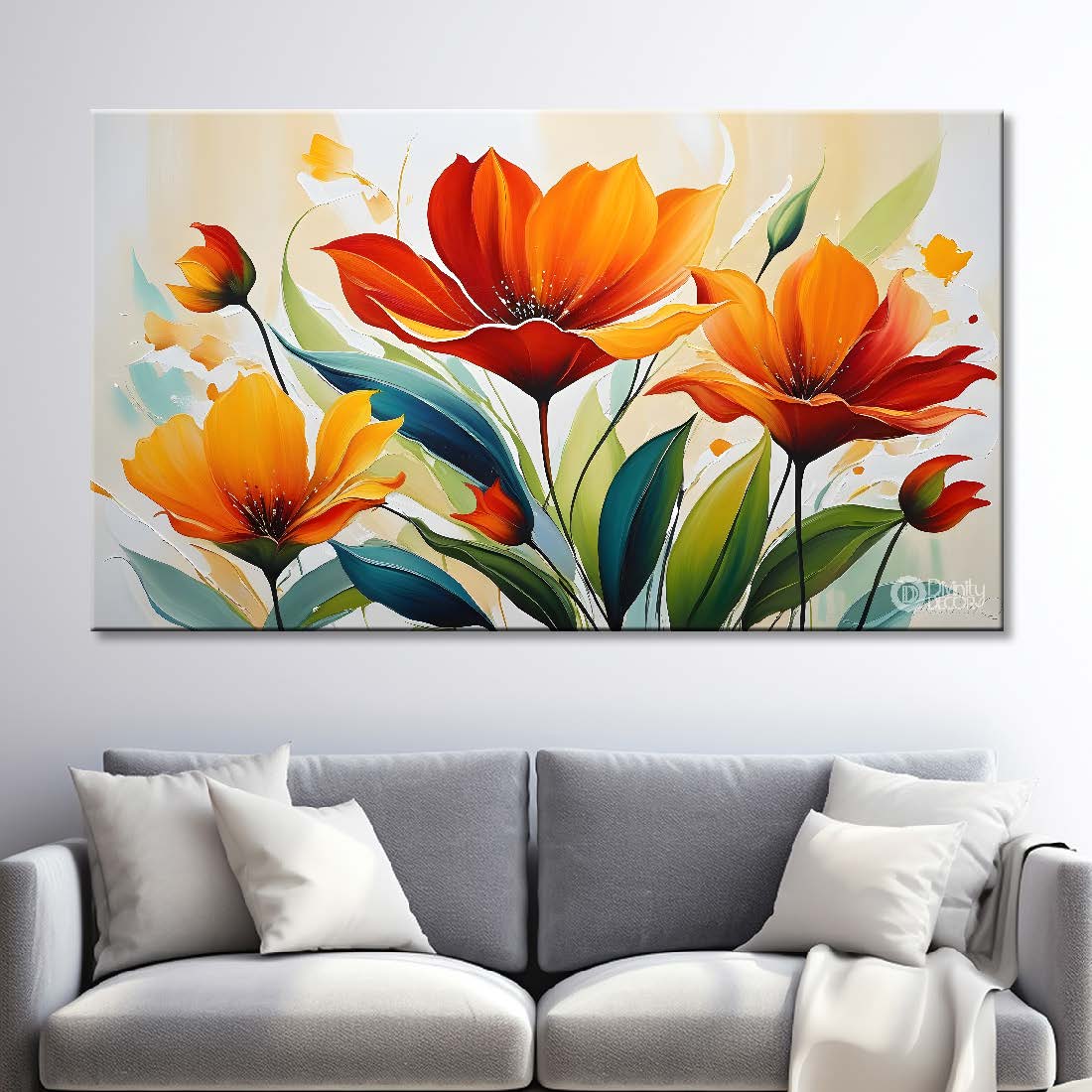 Orange flowers in light background canvas painting- Flower-383