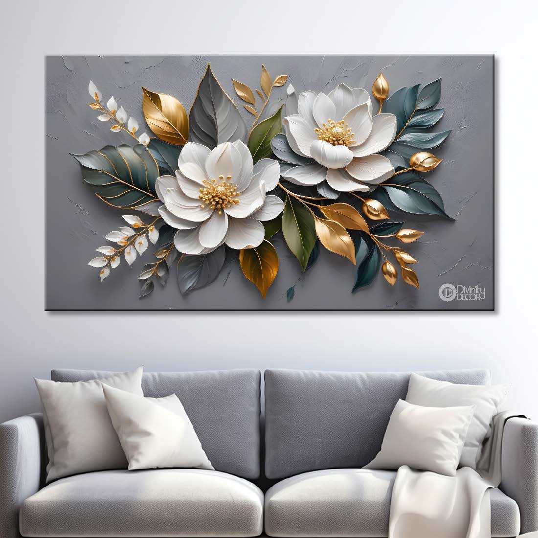 White flowers in grey background canvas painting- Flower-384