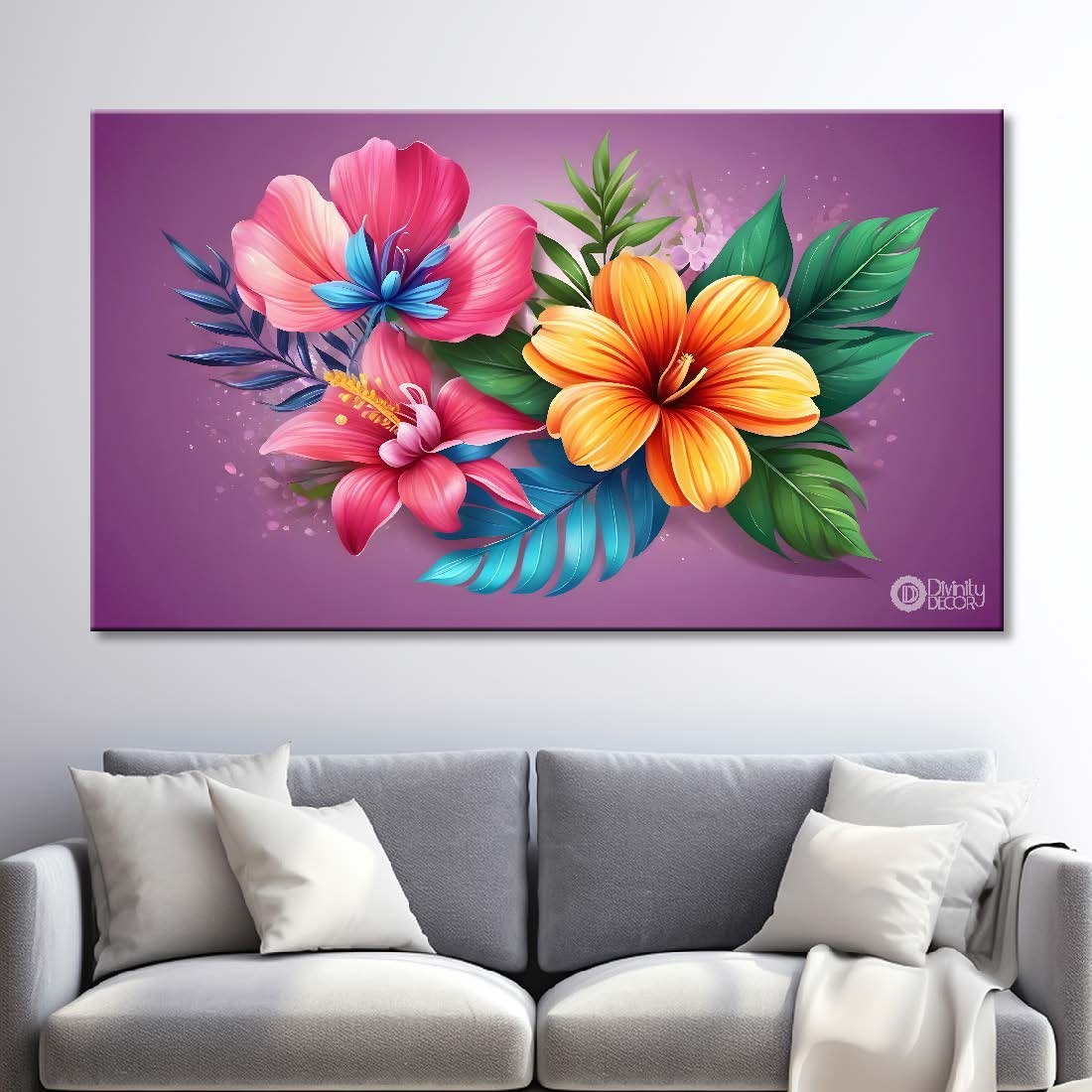 Yellow and pink flower in the pink background canvas painting- Flower-385