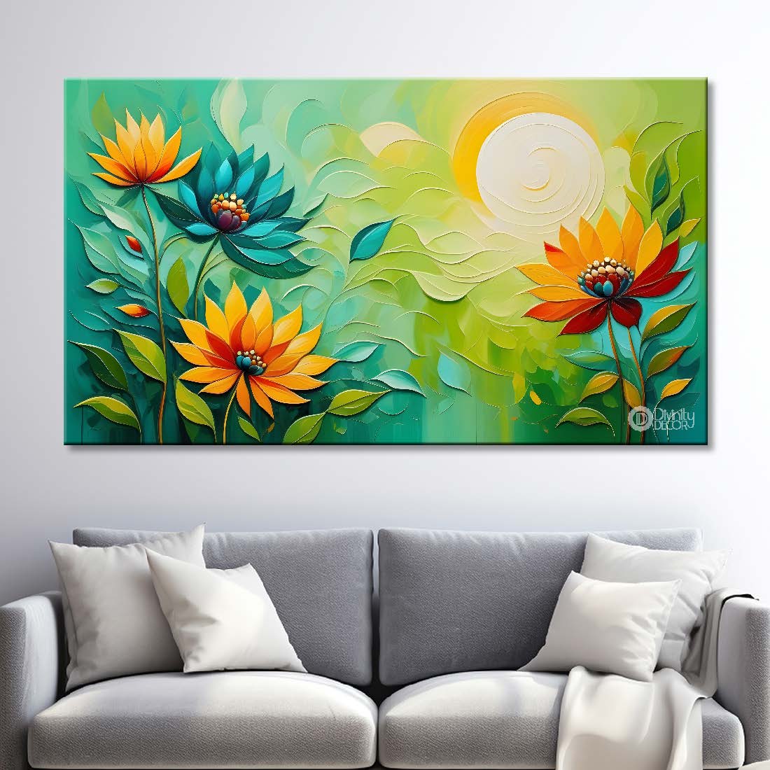 Yellow flowers in green background canvas painting- Flower-386