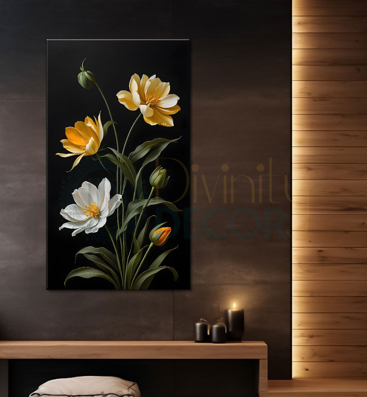 White and yellow flowers in dark textured painting- Flower-V-386