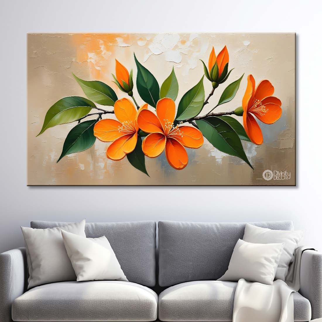 Orange flowers in light background canvas painting- Flower-387