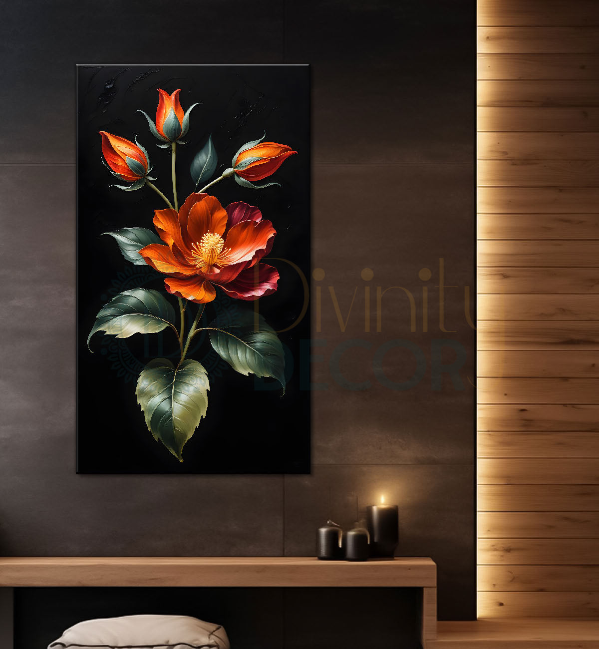 Red flowers in dark textured painting- Flower-V-387