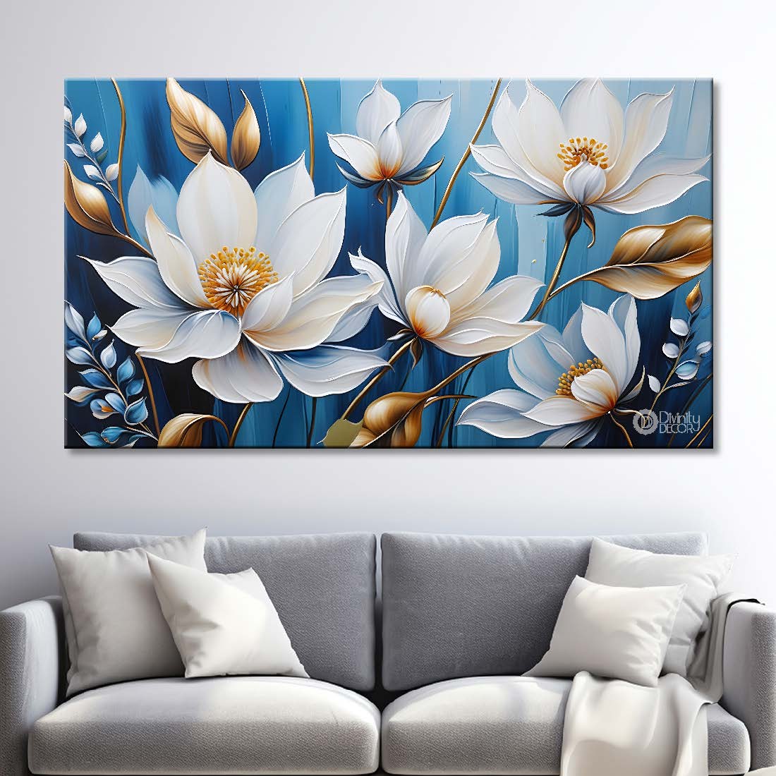 White flowers in blue background canvas painting- Flower-388