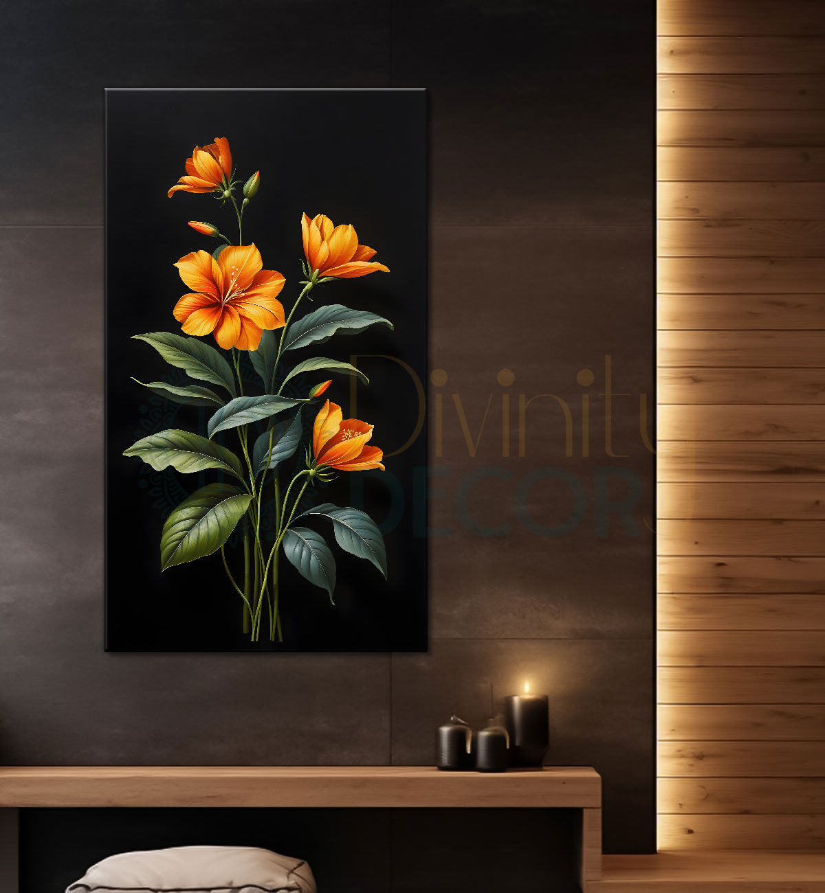 Yellow flowers in dark textured painting- Flower-V-388