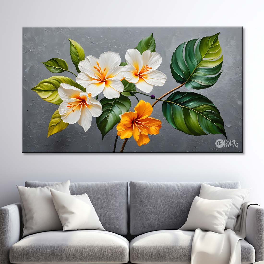 White and orange flowers in grey background canvas painting- Flower-389