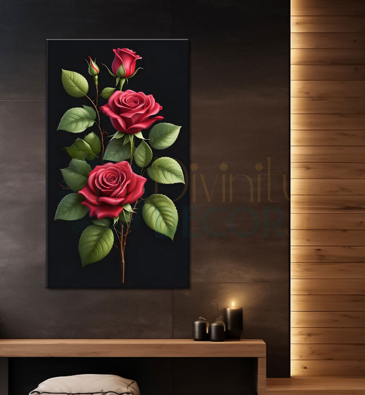 Red roses in dark textured painting- Flower-V-389