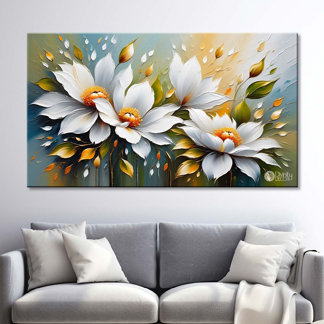 White flowers in grey background canvas painting- Flower-390
