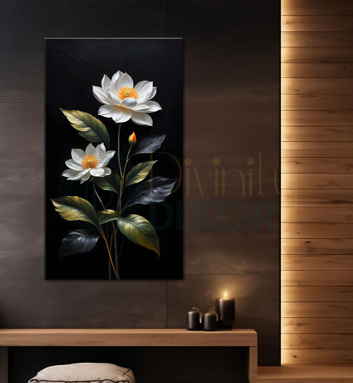 White flowers in dark textured painting- Flower-V-390