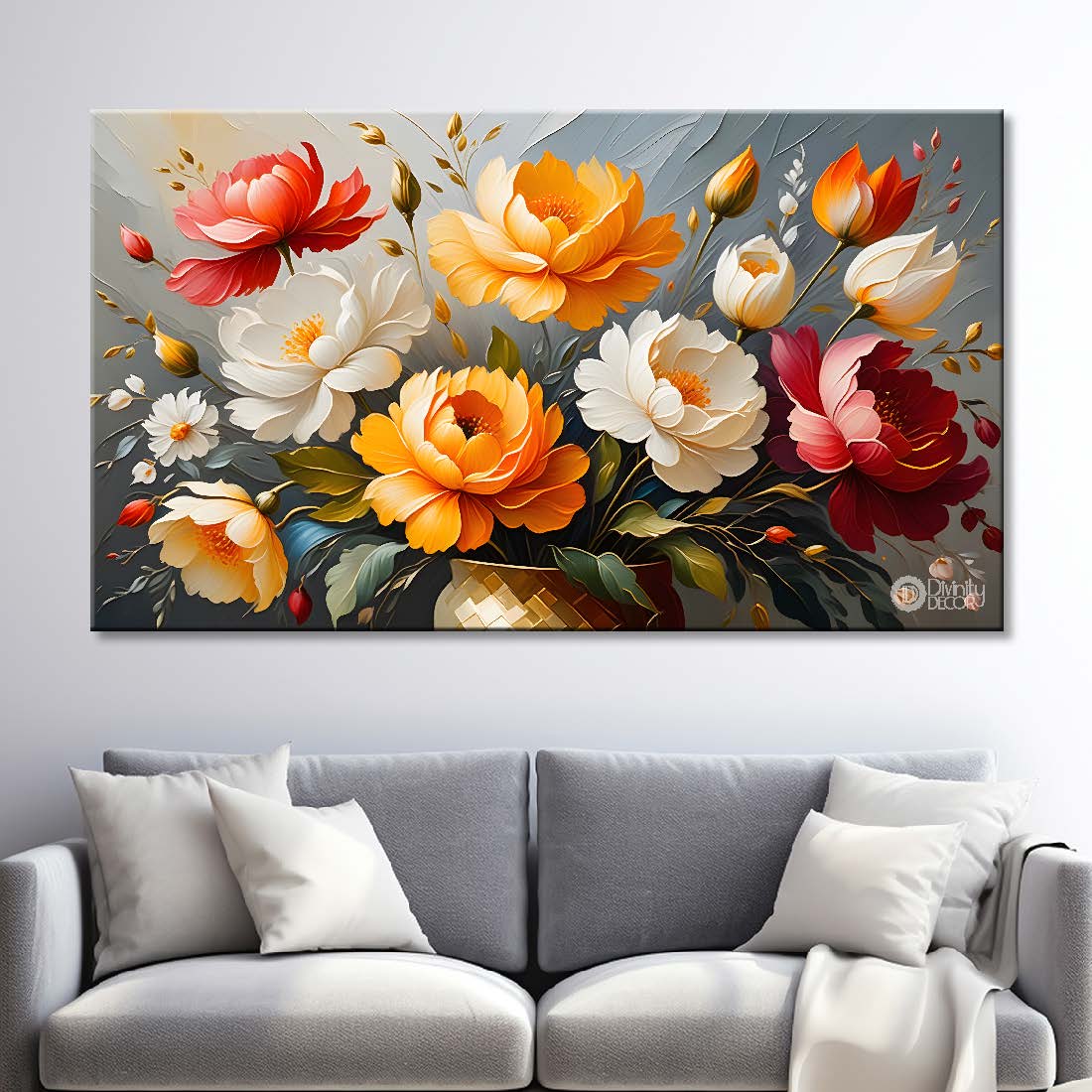 Colorful flowers in grey background canvas painting- Flower-391