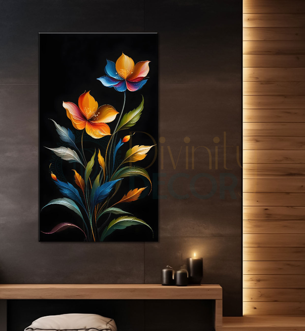 Orange flowers in dark textured painting- Flower-V-391