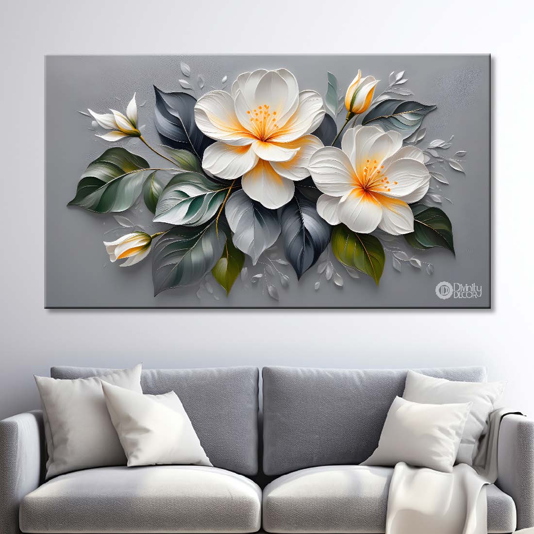 White flowers in grey background canvas painting- Flower-392