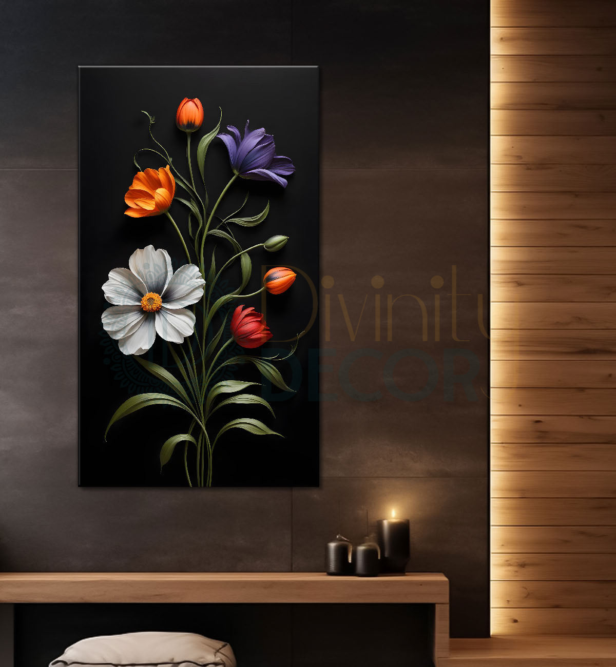 Colourful flowers in dark textured painting- Flower-V-392