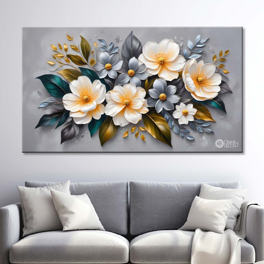 White flowers in grey background canvas painting- Flower-393