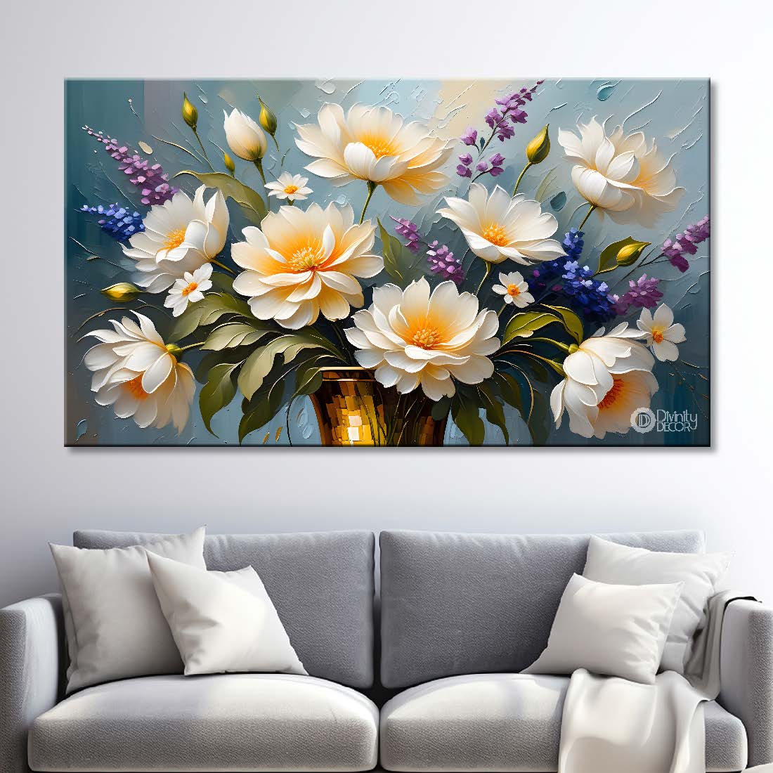 White flowers in blue background canvas painting- Flower-395