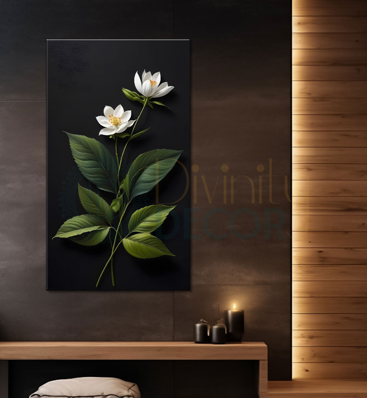 White flowers in dark textured painting- Flower-V-395