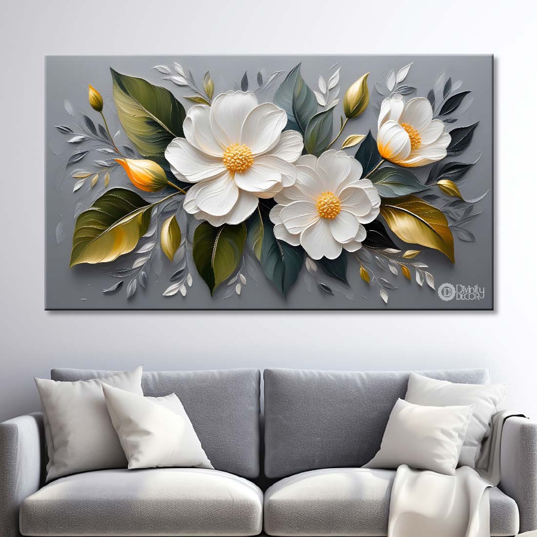 White flowers in grey background canvas painting- Flower-396