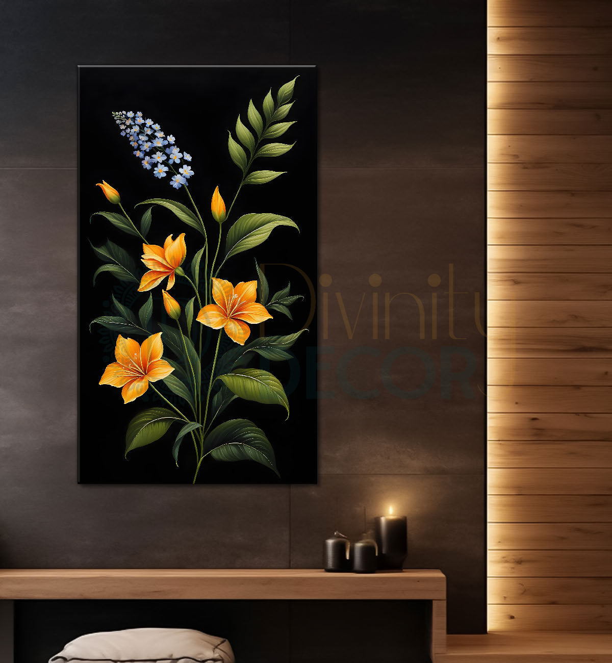 Yellow flowers in dark textured painting- Flower-V-396