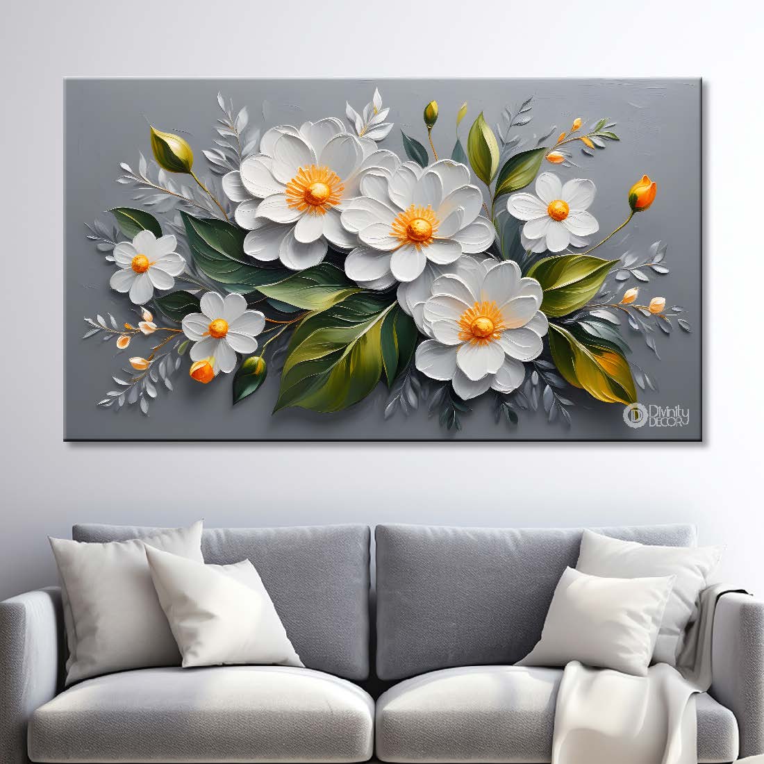 White flowers in grey background canvas painting- Flower-397