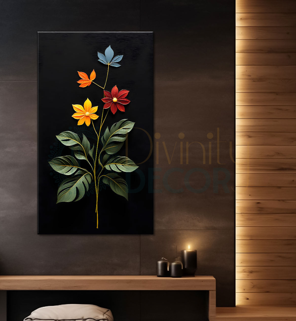 Colourful flowers in dark textured painting- Flower-V-397