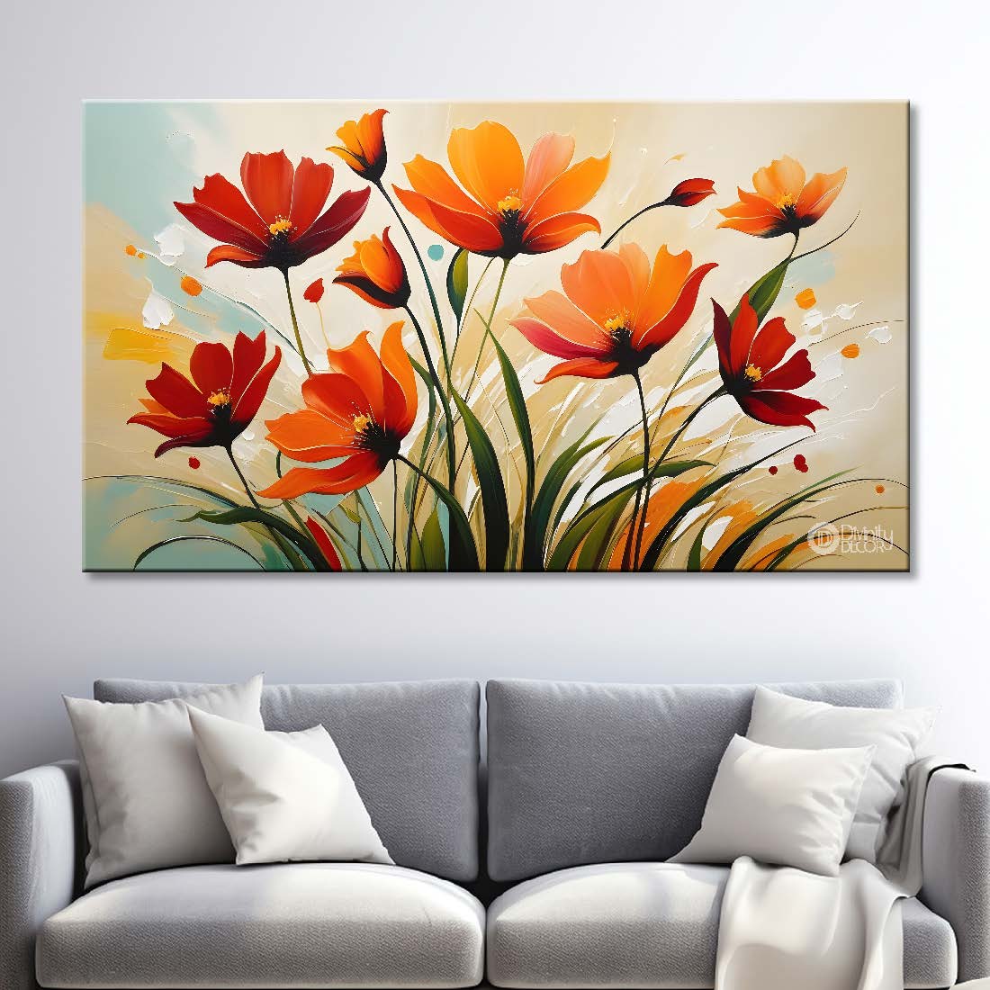 Orange flowers in light background canvas painting- Flower-398