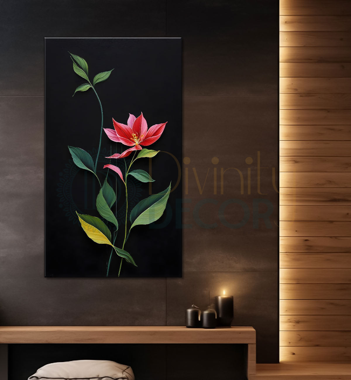Red flowers in dark textured painting- Flower-V-398