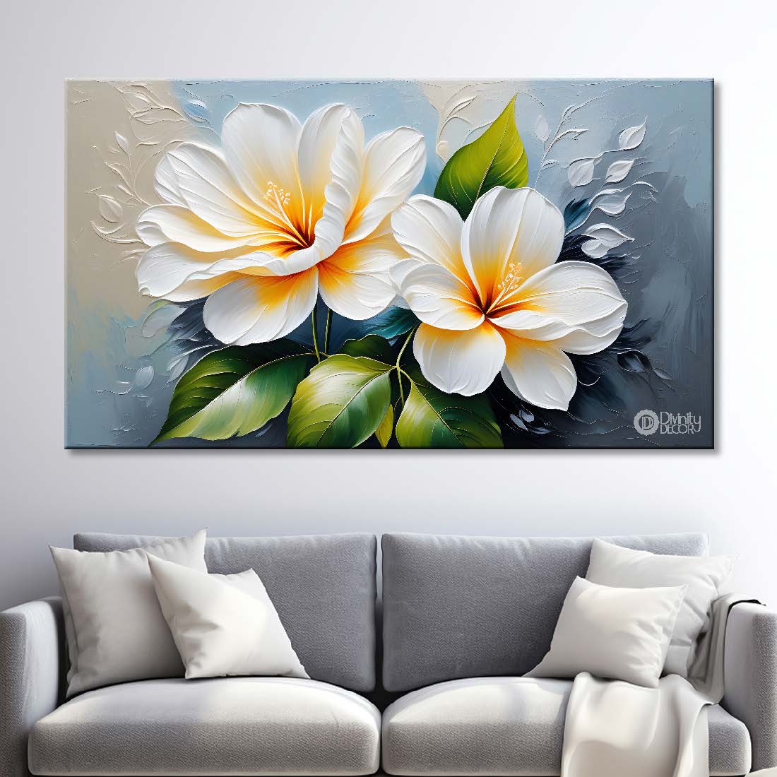 White flowers in blue background canvas painting- Flower-399