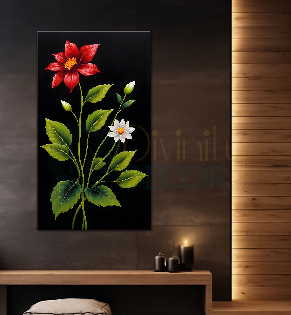 Red flowers in dark textured painting- Flower-V-399