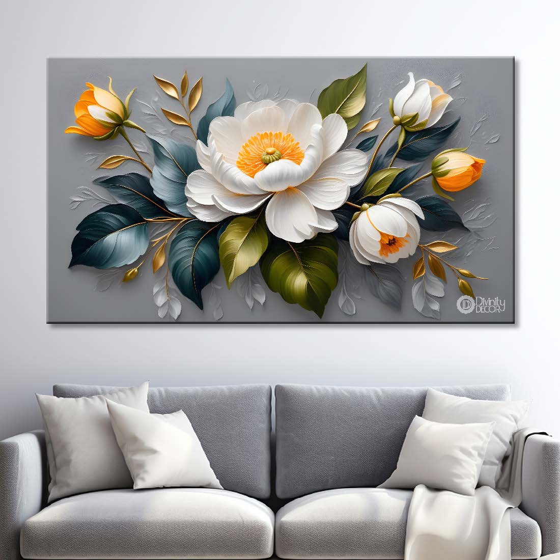White flowers in grey background canvas painting- Flower-400