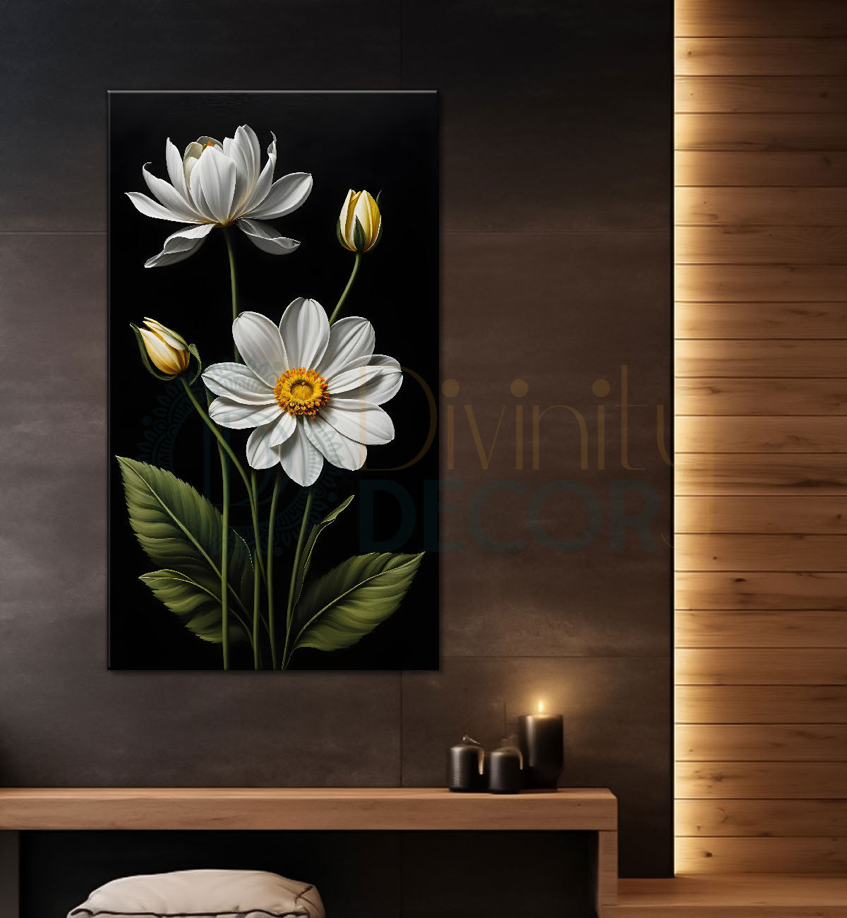 White flowers in dark textured painting- Flower-V-400
