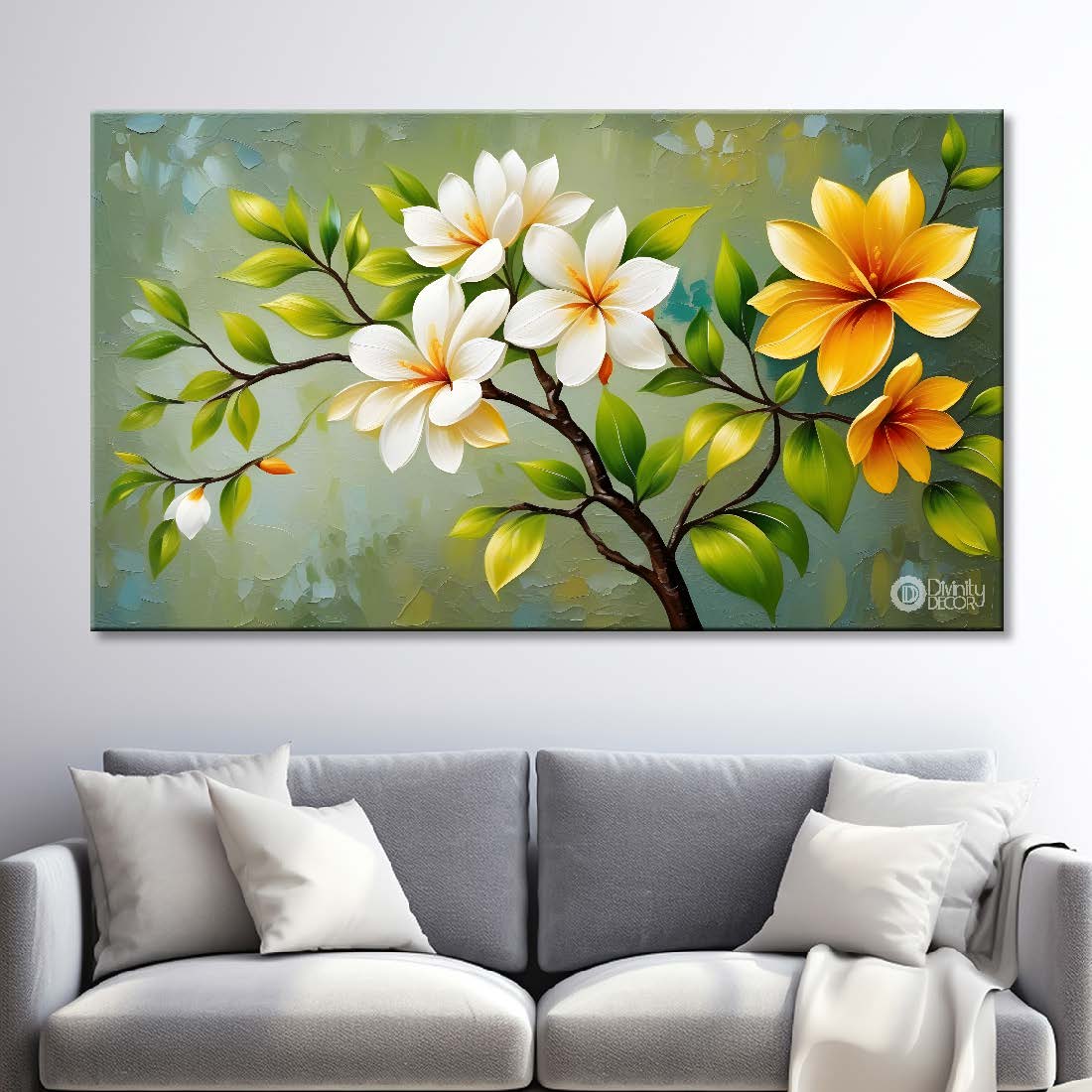 Lily flowers in green background canvas painting- Flower-401