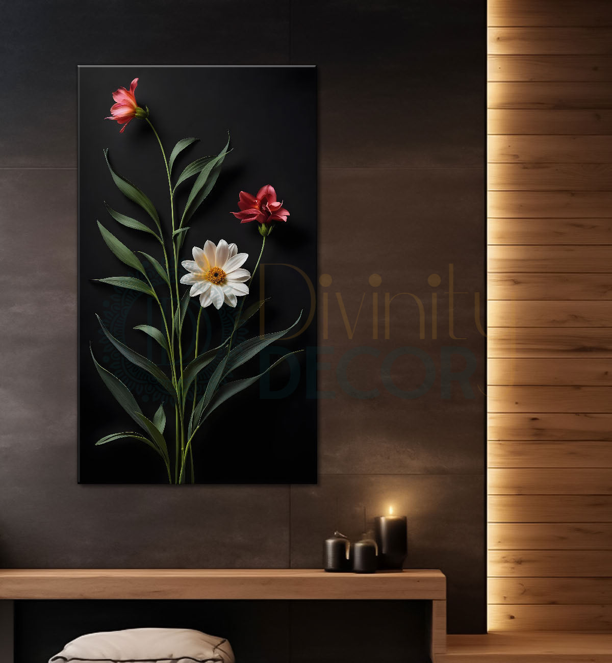 White flowers in dark textured painting- Flower-V-401