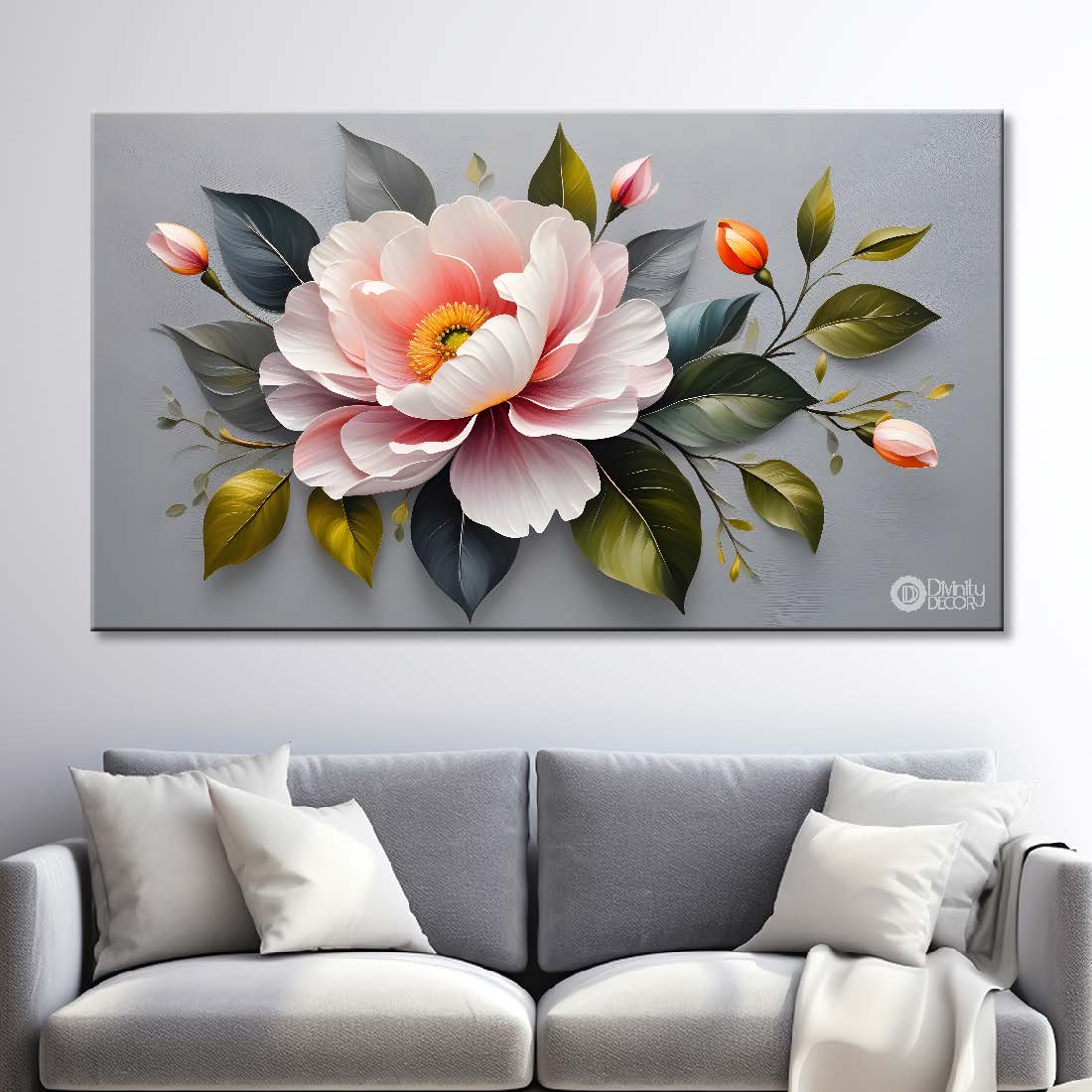 Pink flowers in grey background canvas painting- Flower-402