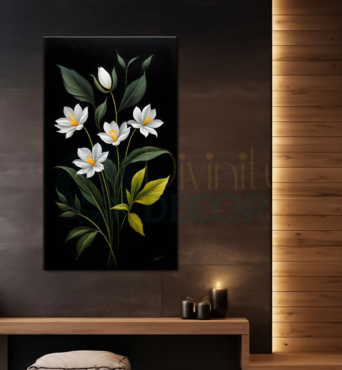 White flowers in dark textured painting- Flower-V-402