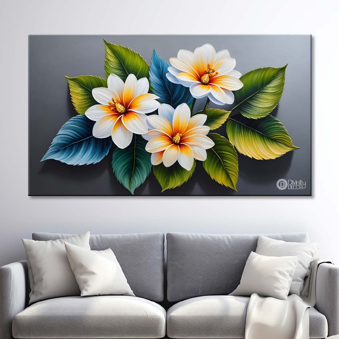 White flower in grey background canvas painting- Flower-403